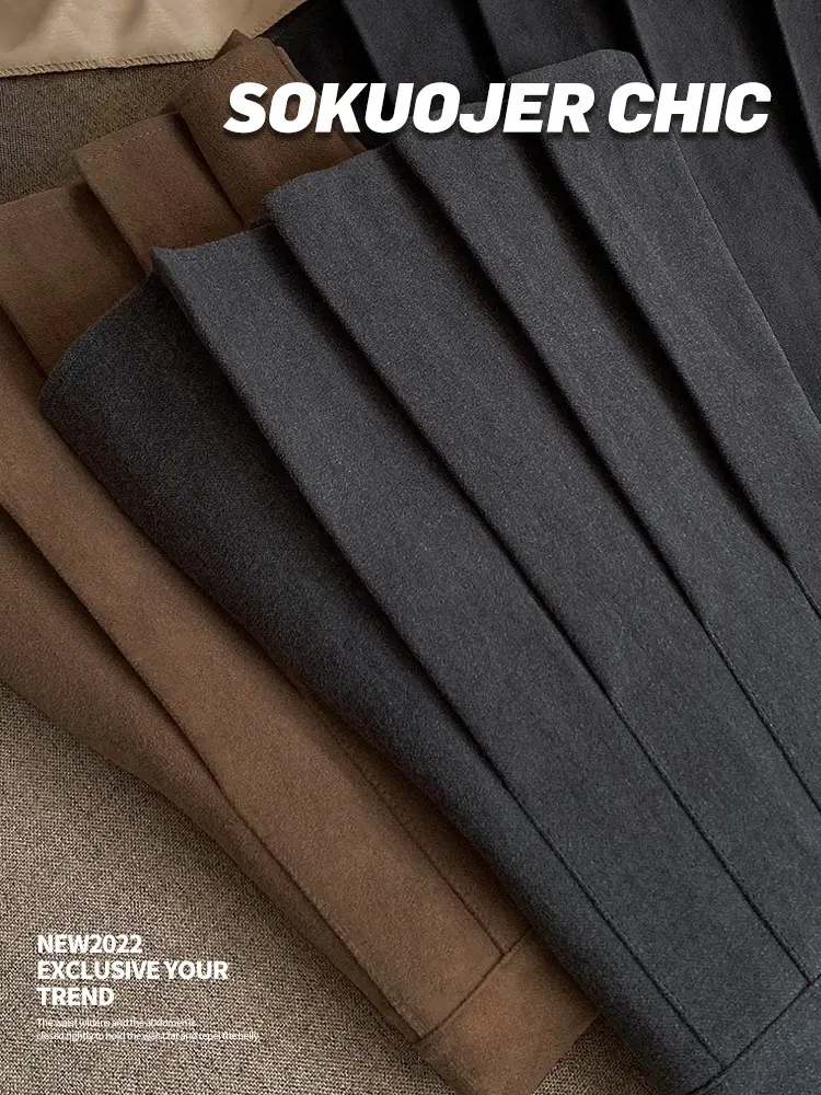 Women Pleated Wool Skirt Black Slimming Large