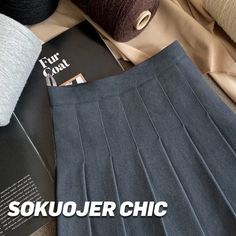Women Pleated Wool Skirt Black Slimming Large