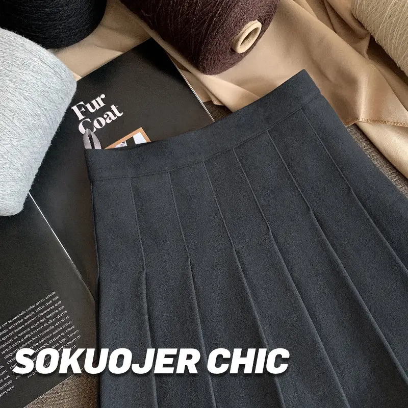 Women Pleated Wool Skirt Black Slimming Large