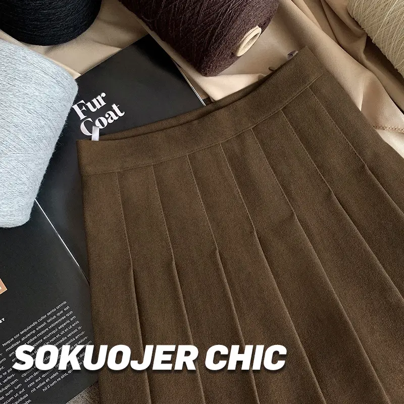 Women Pleated Wool Skirt Black Slimming Large