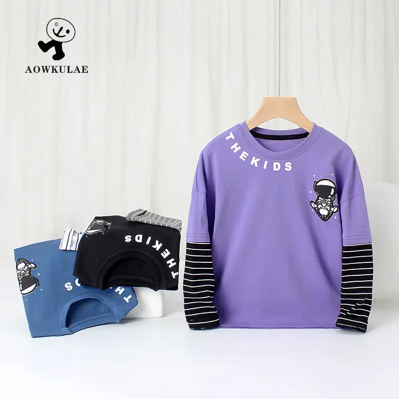 Purple Fake Two-Piece Long Sleeve Crewneck T-Shirt for Boys - Image 4