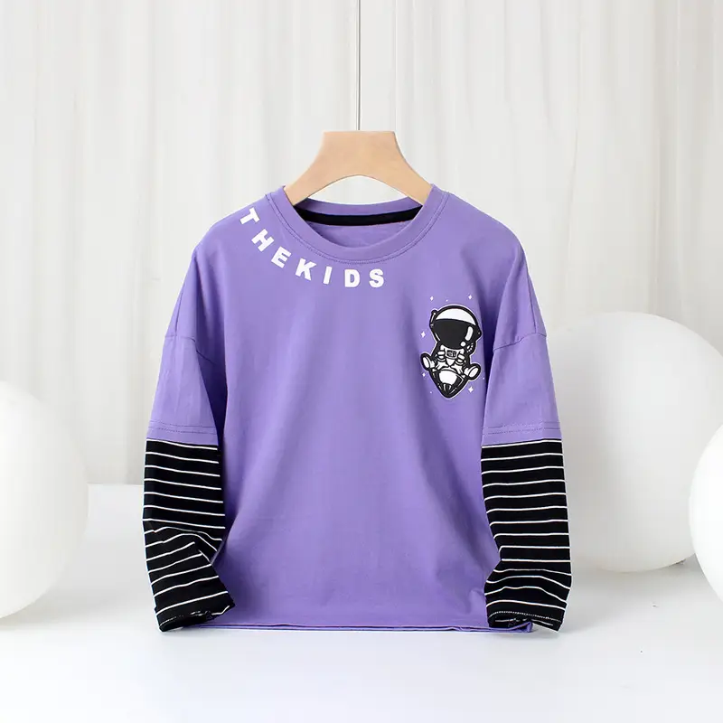 Purple Fake Two-Piece Long Sleeve Crewneck T-Shirt for Boys - Image 8