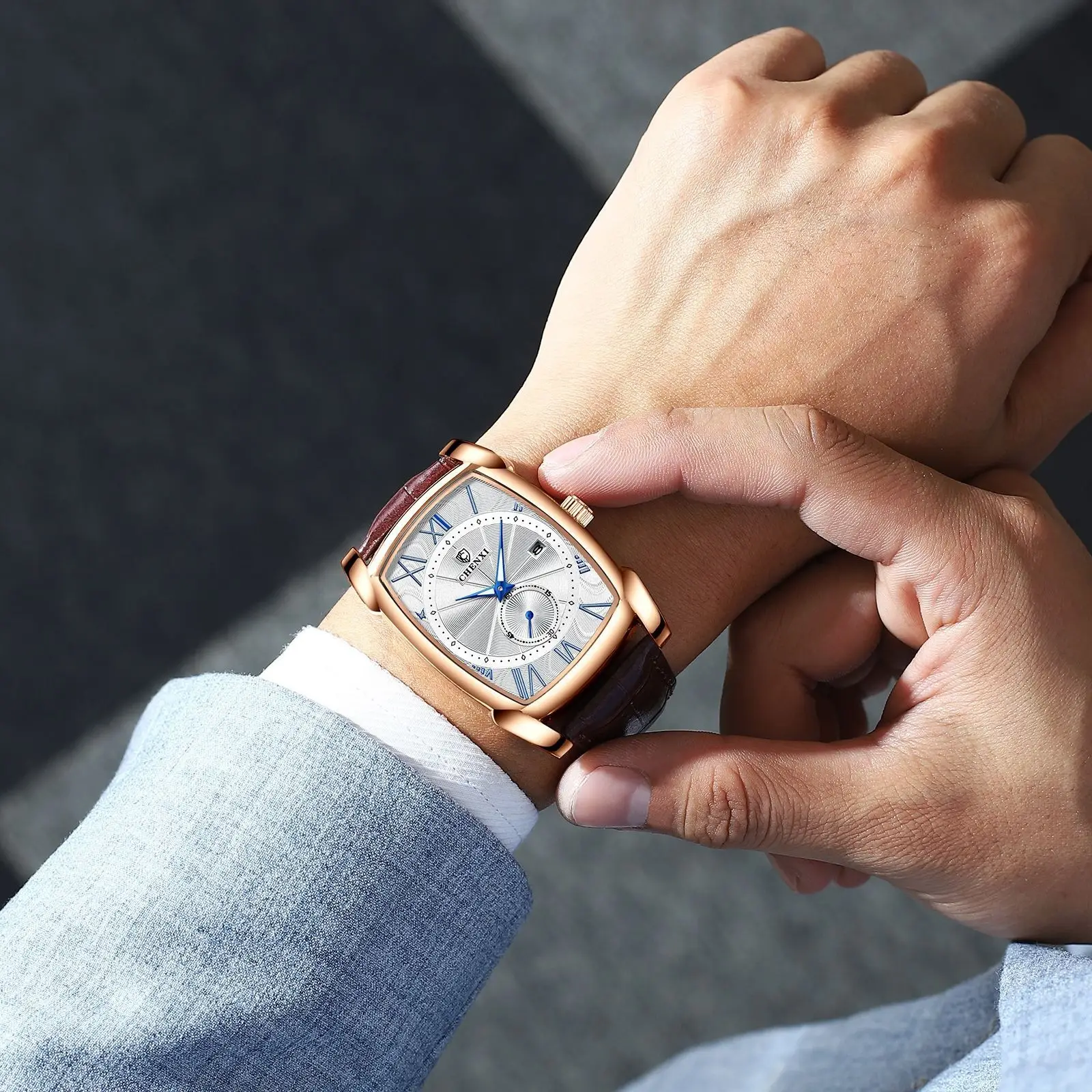 Men's Square Chenxi Quartz Watch Brown Leather Band - Image 13