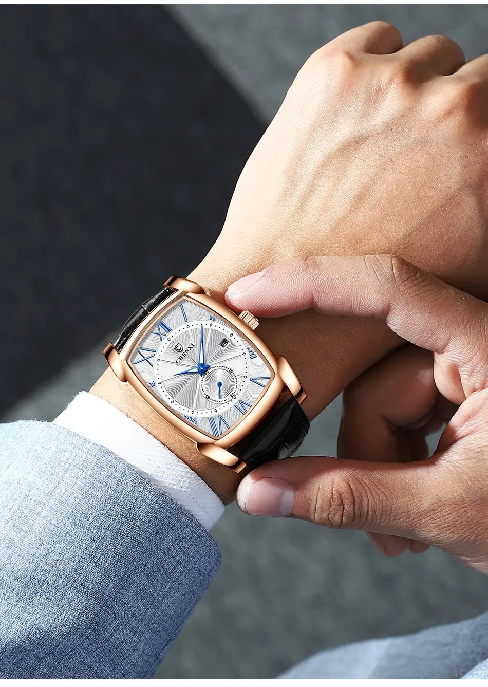 Men's Square Chenxi Quartz Watch Brown Leather Band — feature 11