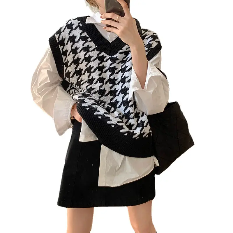 Houndstooth Knit Vest Women Autumn Wear Black White - Image 8