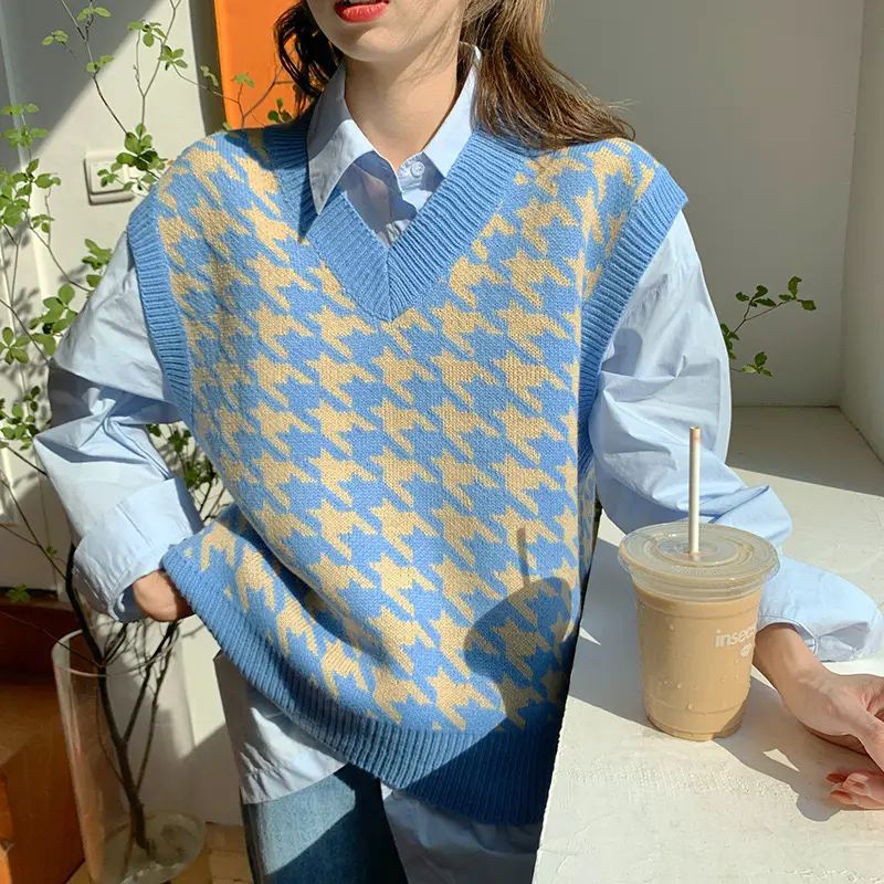 Houndstooth Knit Vest Women Autumn Wear Black White - Image 3