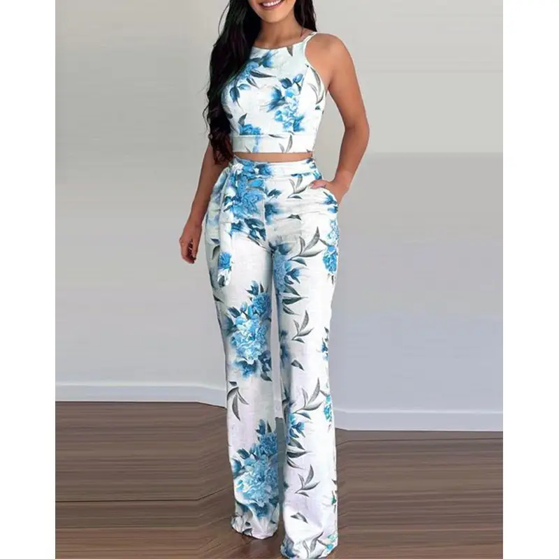 Women Floral Print Pants Set White Pink High Waist - Image 6