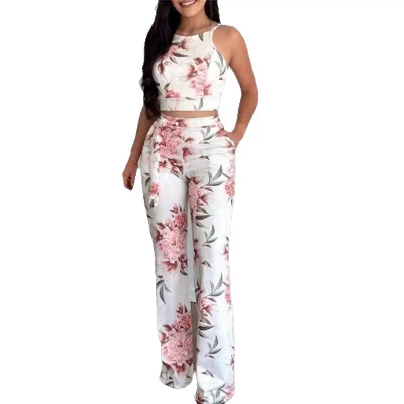 Women Floral Print Pants Set White Pink High Waist - Image 9
