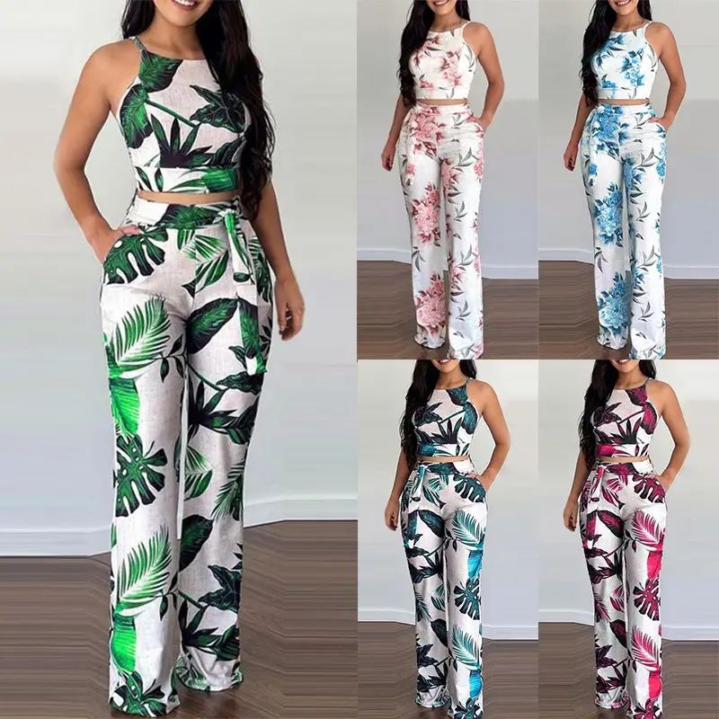 Women Floral Print Pants Set White Pink High Waist — feature 2