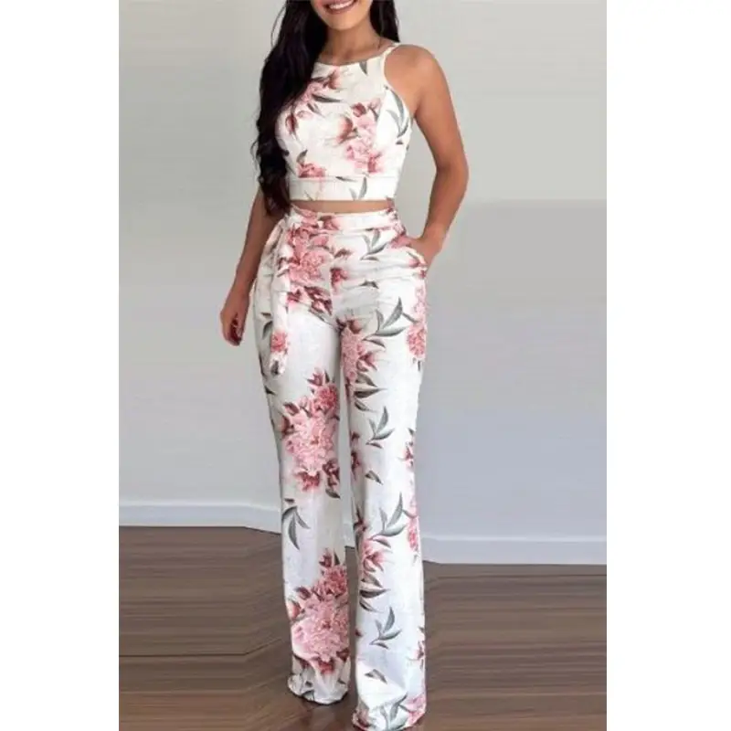 Women Floral Print Pants Set White Pink High Waist — feature 4