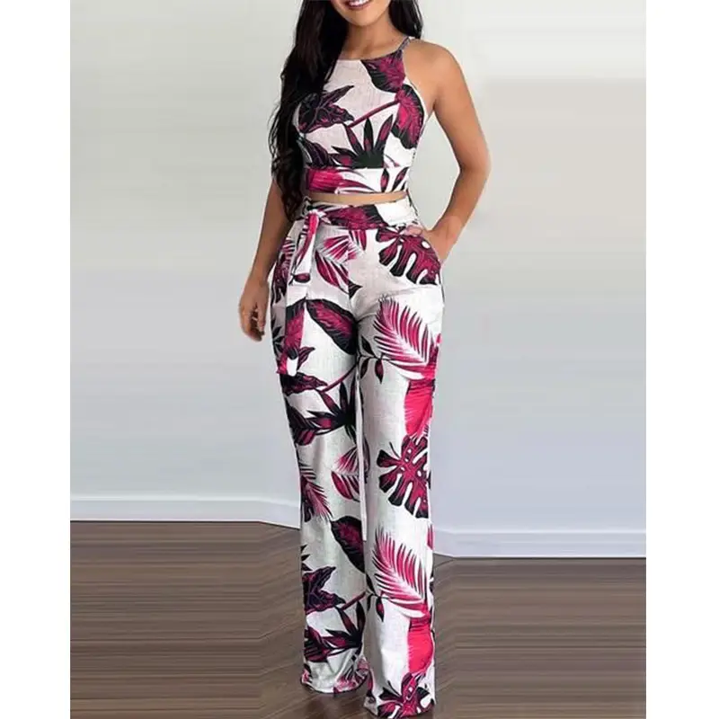 Women Floral Print Pants Set White Pink High Waist — feature 5