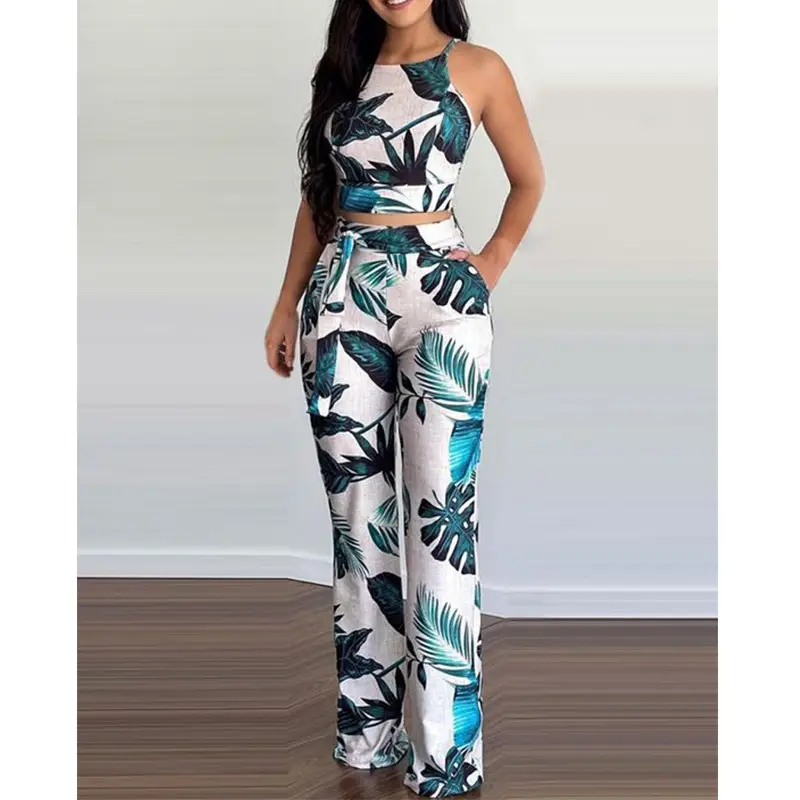 Women Floral Print Pants Set White Pink High Waist — feature 6