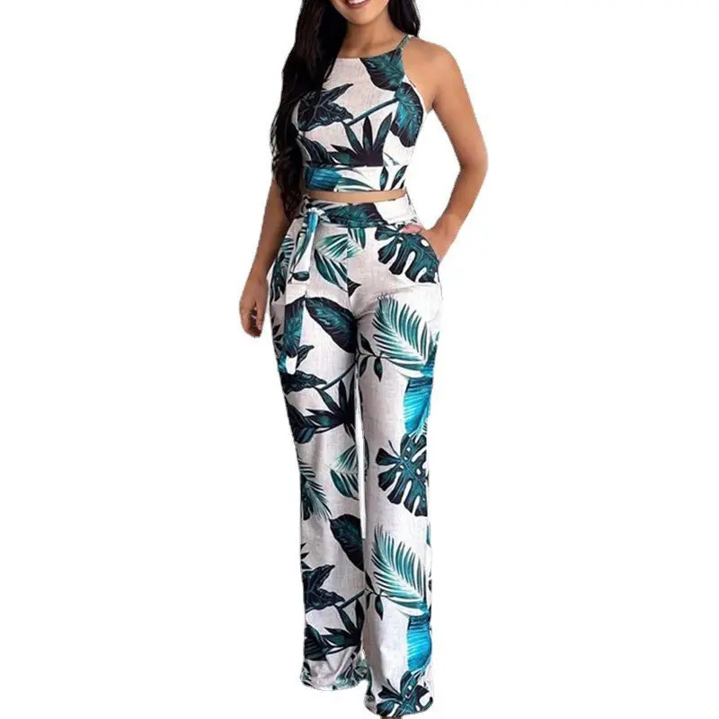 Women Floral Print Pants Set White Pink High Waist - Image 3