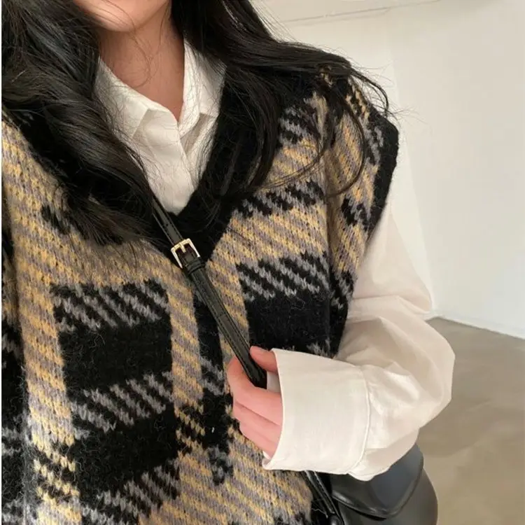 Women Plaid Knit Vest with Long Sleeve Shirt Set - Image 4