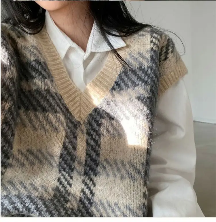 Women Plaid Knit Vest with Long Sleeve Shirt Set - Image 5