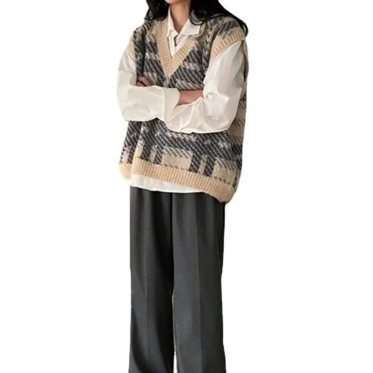Women Plaid Knit Vest with Long Sleeve Shirt Set - Image 7