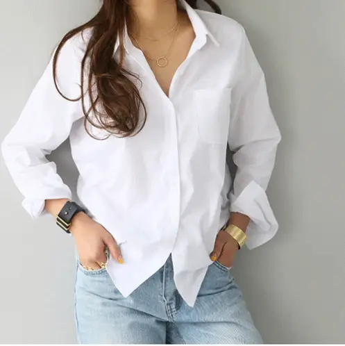 Women Slim Fit Cotton Shirt with Turn-Down Collar