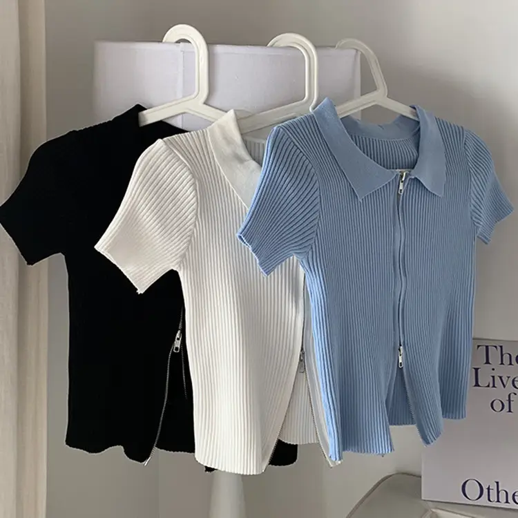 Women Blue Zipper Slimmer Sweater Short Sleeve Summer - Image 4