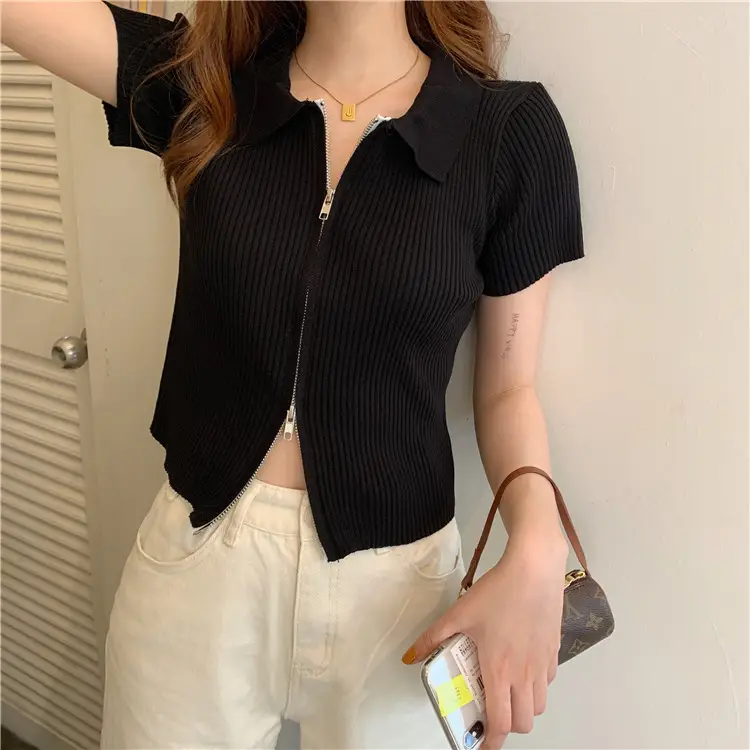 Women Blue Zipper Slimmer Sweater Short Sleeve Summer - Image 6