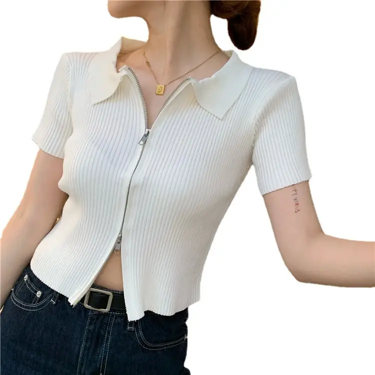 Women Blue Zipper Slimmer Sweater Short Sleeve Summer - Image 7
