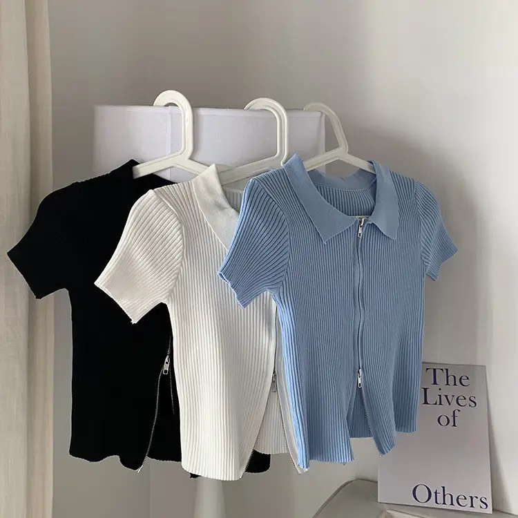 Women Blue Zipper Slimmer Sweater Short Sleeve Summer — feature 1