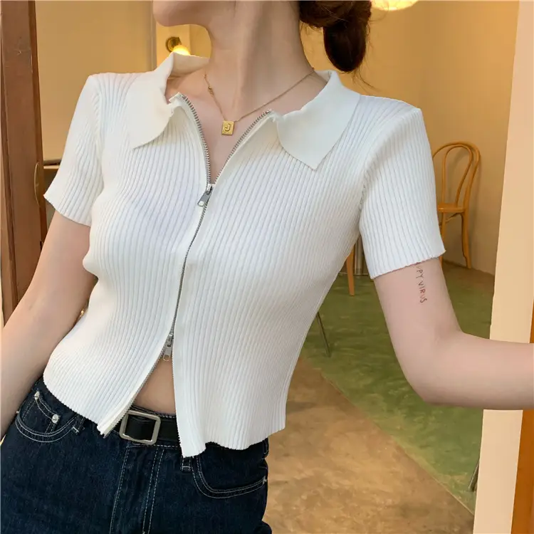 Women Blue Zipper Slimmer Sweater Short Sleeve Summer — feature 2