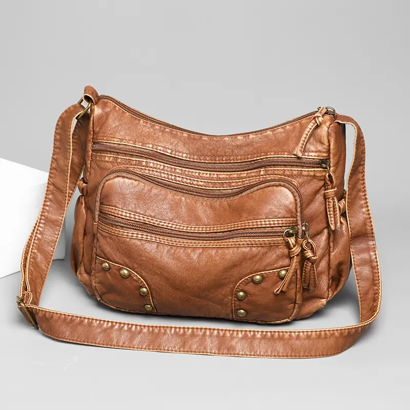 Middle-Aged Women's Brown Leather Shoulder Bag with Crossbody Strap - Image 4