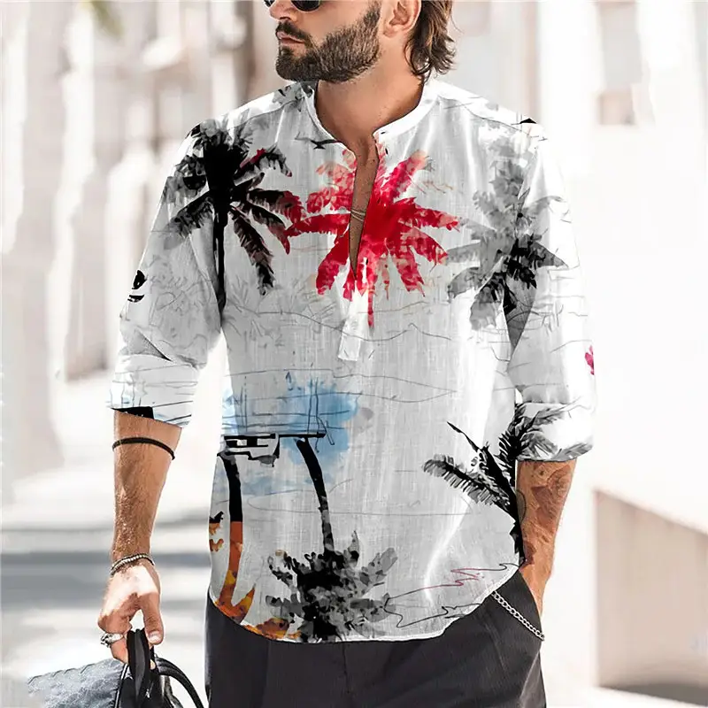 2023 Men Printed Long Sleeve Shirt Open Collar Grey Red Palm - Image 14