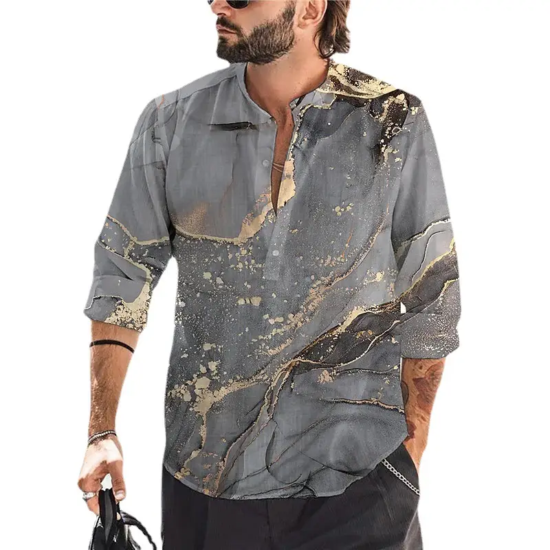 2023 Men Printed Long Sleeve Shirt Open Collar Grey Red Palm - Image 15