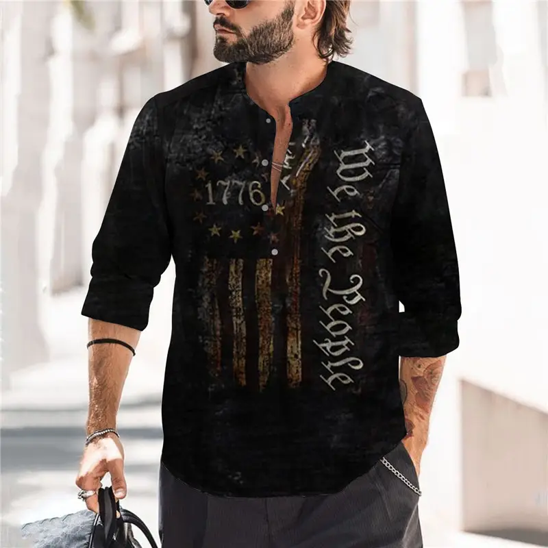 2023 Men Printed Long Sleeve Shirt Open Collar Grey Red Palm - Image 10