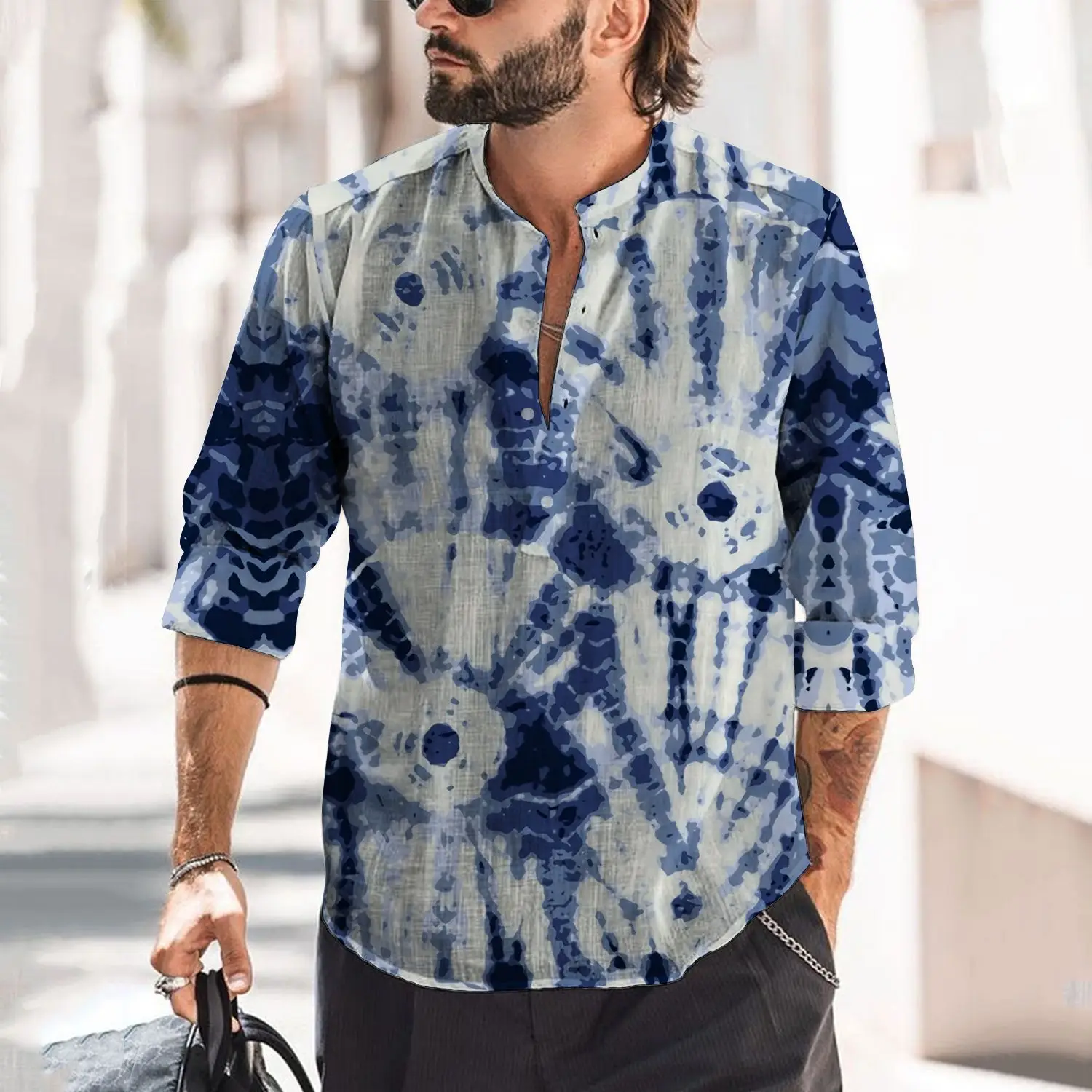 2023 Men Printed Long Sleeve Shirt Open Collar Grey Red Palm - Image 11