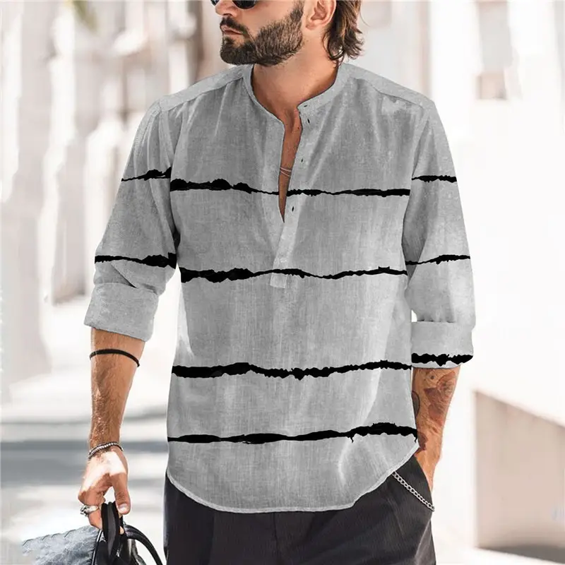 2023 Men Printed Long Sleeve Shirt Open Collar Grey Red Palm - Image 2