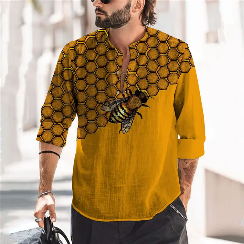 2023 Men Printed Long Sleeve Shirt Open Collar Grey Red Palm - Image 3