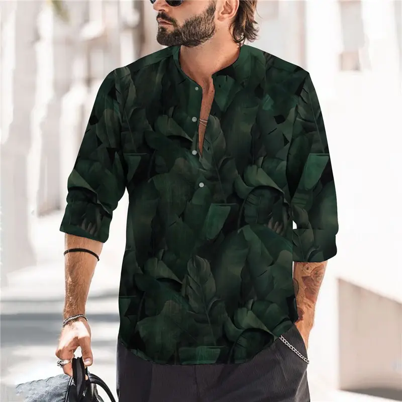 2023 Men Printed Long Sleeve Shirt Open Collar Grey Red Palm - Image 4