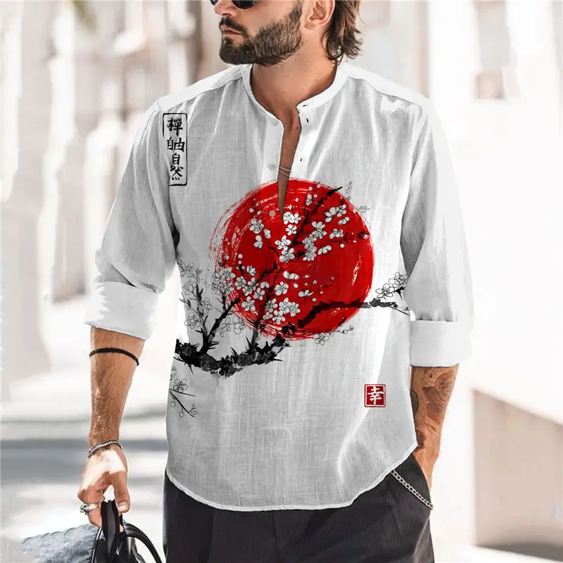2023 Men Printed Long Sleeve Shirt Open Collar Grey Red Palm - Image 9