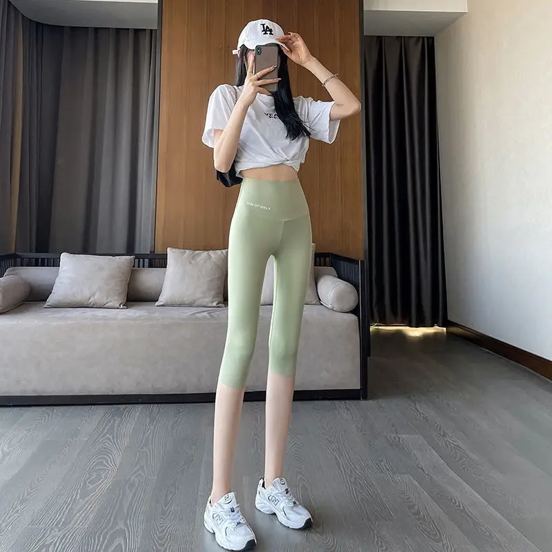 Women Shark Pants Gray Blue Cropped High Waist Yoga Leggings