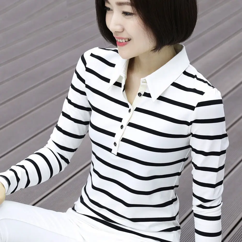 Women Striped Polo Shirt Collar Large Size - Image 3