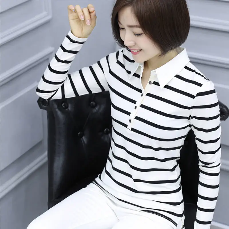 Women Striped Polo Shirt Collar Large Size - Image 4