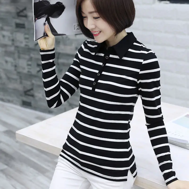 Women Striped Polo Shirt Collar Large Size - Image 5