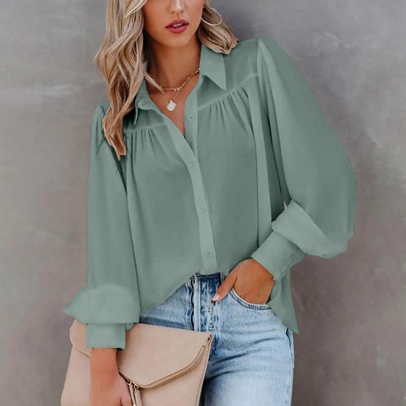 2022 Long Sleeve Buckle Top with Lantern Sleeve Pleated Design - Image 6