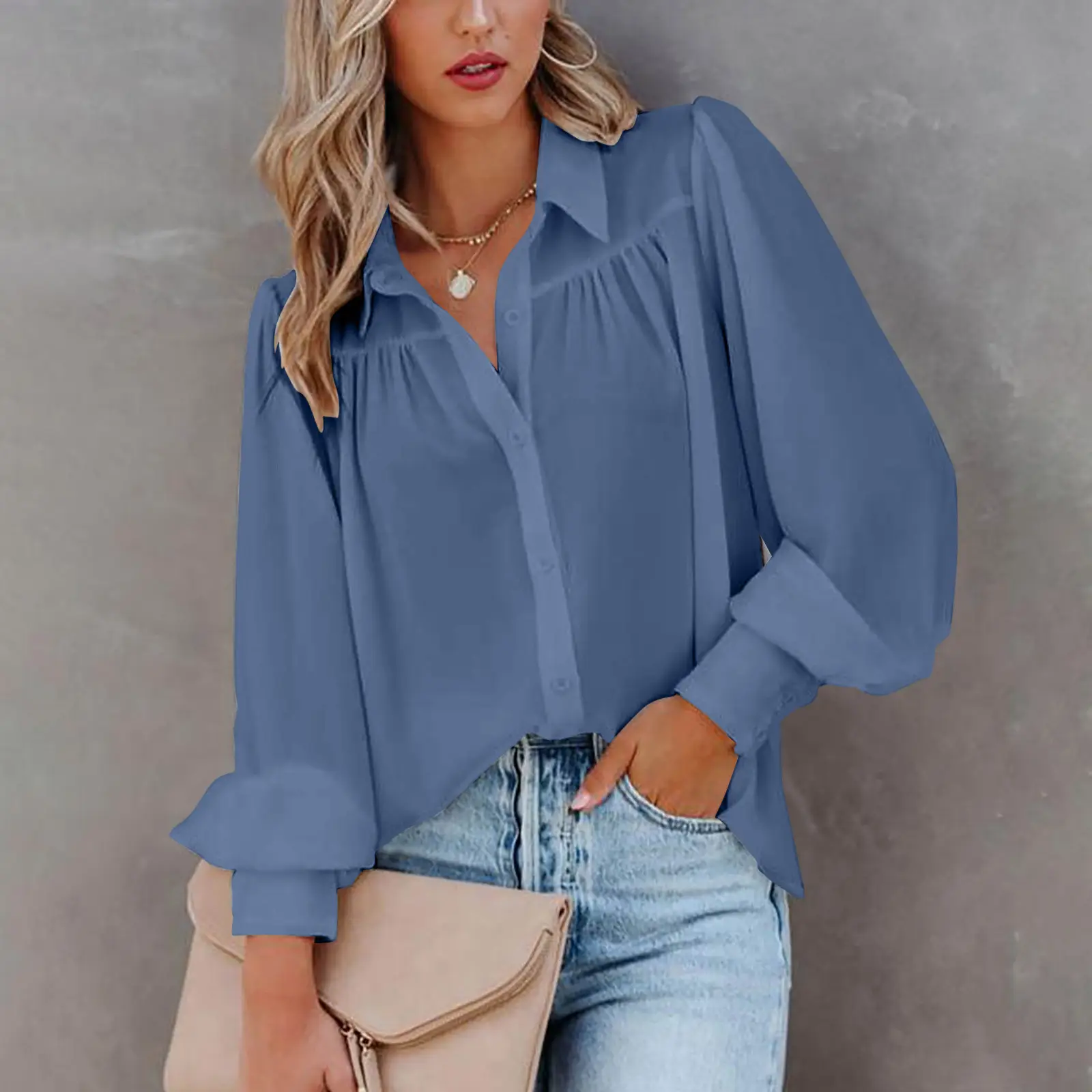 2022 Long Sleeve Buckle Top with Lantern Sleeve Pleated Design - Image 2