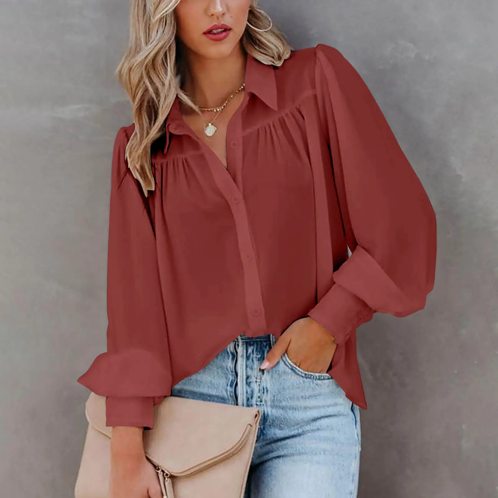 2022 Long Sleeve Buckle Top with Lantern Sleeve Pleated Design - Image 3