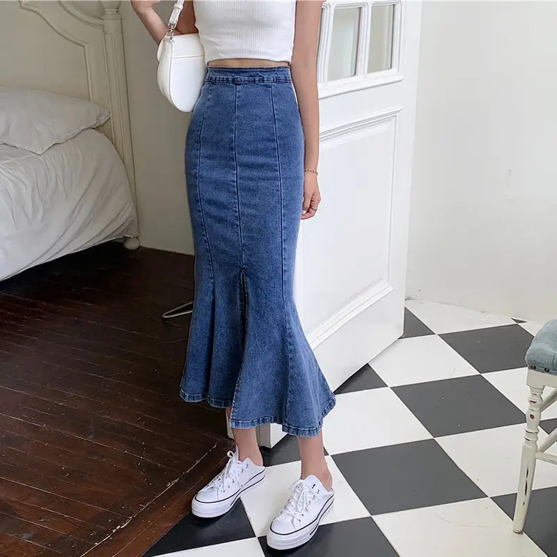 Women Stretch Slim Fit Denim Skirt A Line Split Hip - Image 3