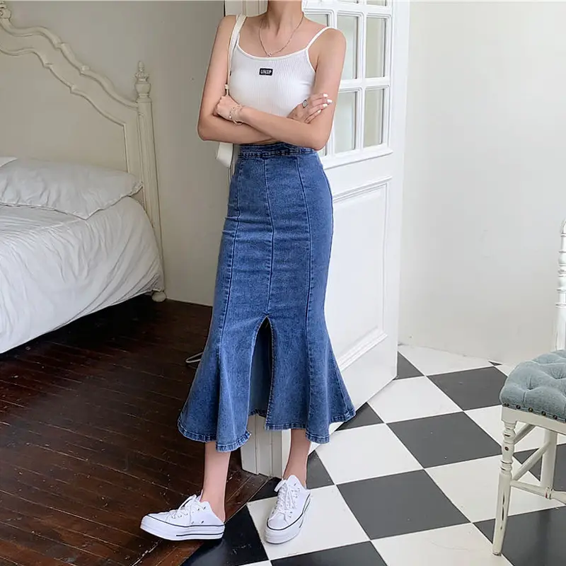 Women Stretch Slim Fit Denim Skirt A Line Split Hip - Image 4