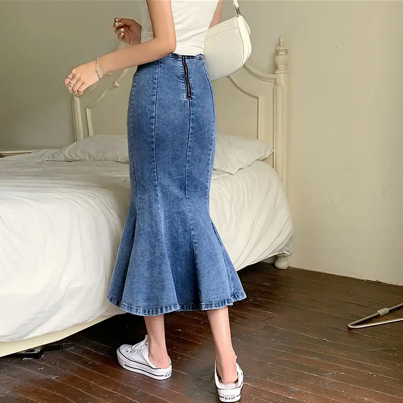 Women Stretch Slim Fit Denim Skirt A Line Split Hip - Image 5