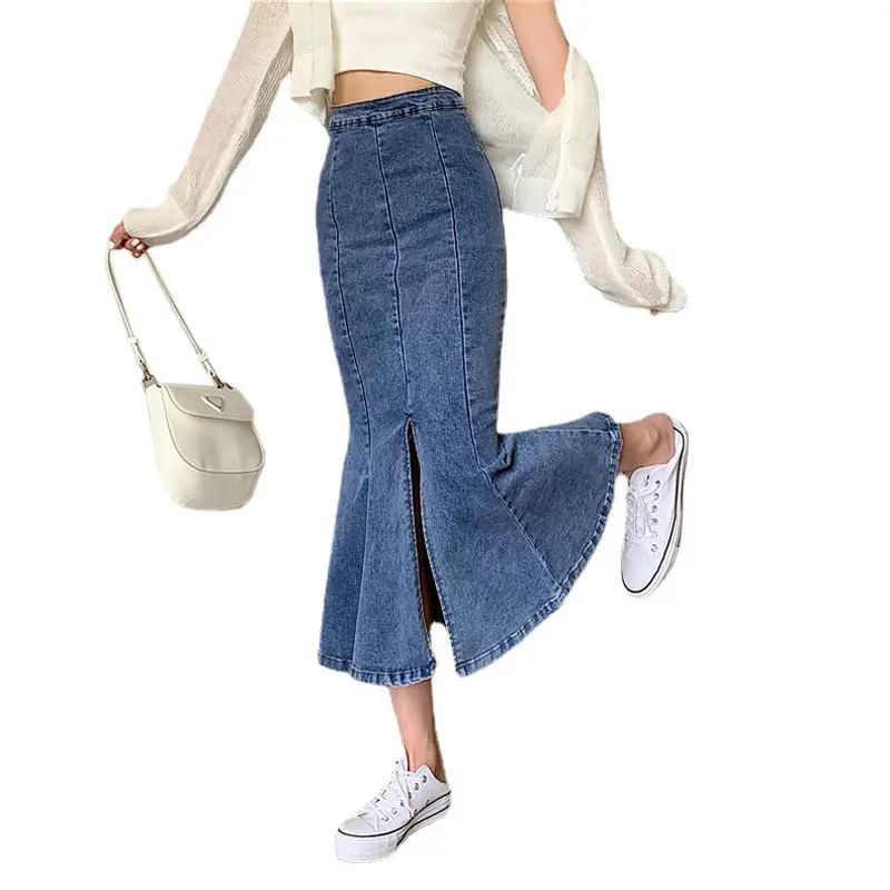 Women Stretch Slim Fit Denim Skirt A Line Split Hip - Image 6