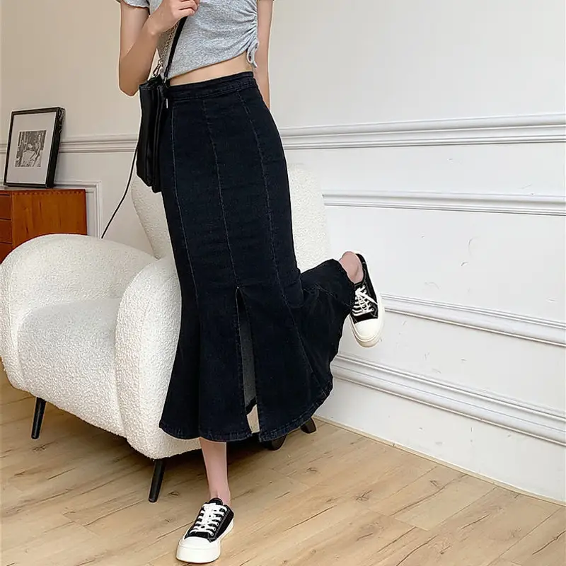 Women Stretch Slim Fit Denim Skirt A Line Split Hip - Image 2