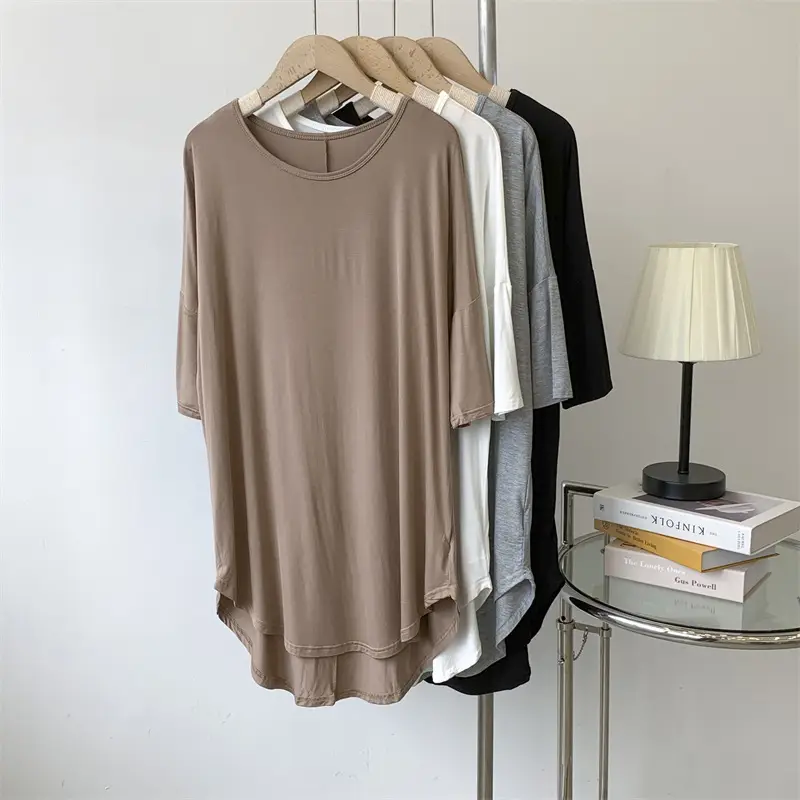 Women's White Modal T-Shirt Mid Length Loose Sleeves - Image 5