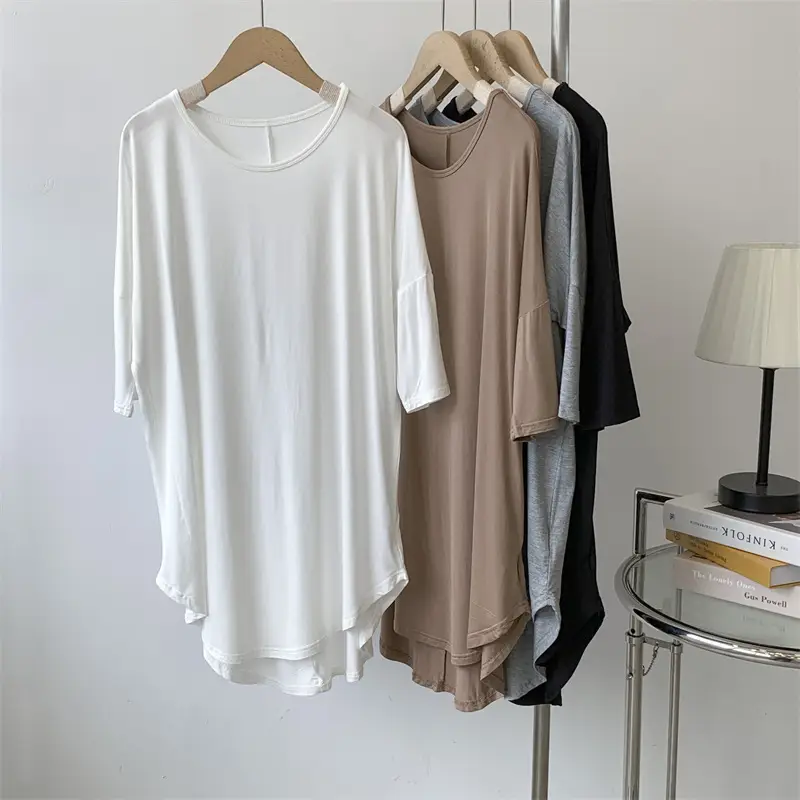 Women's White Modal T-Shirt Mid Length Loose Sleeves - Image 6