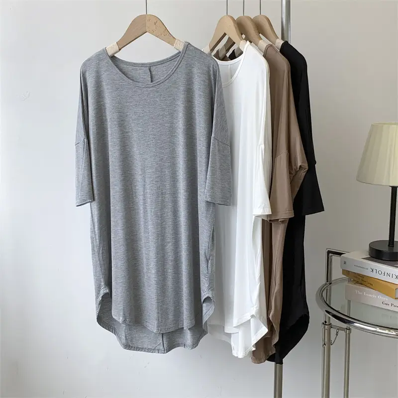 Women's White Modal T-Shirt Mid Length Loose Sleeves - Image 7